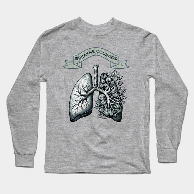 Breathe Courage, blue and green lungs with climbing plant and branches, cancer awareness, bloom floral, anatomy, watercolor Long Sleeve T-Shirt by Collagedream